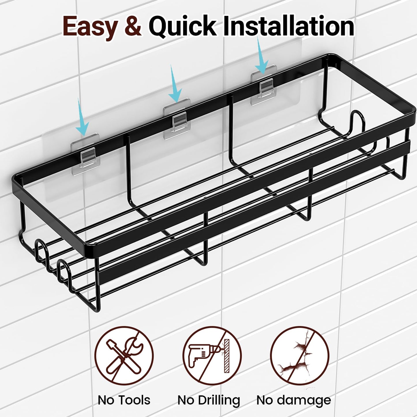 Adhesive Shower Caddy Shelf, 2 Pack - Hanging Bathroom Organizer, No Drilling Stainless Black Shelves for Storage & Home Decor